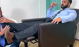 Bearded Latino Carlos jerks off during feet licking fetish