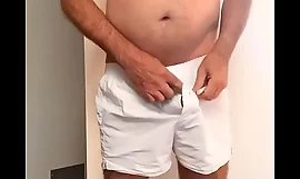 Cock out of white boxer shorts