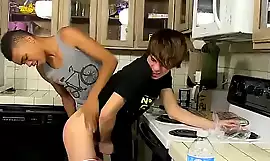 Kyler Moss takes a spin on Robbies cock in the kitchen