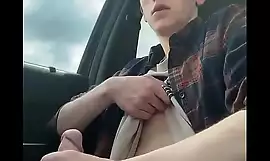 Cute teen Twink jerk off in car public plus cum